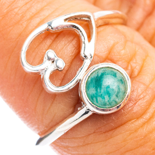 Heart dainty ring with round green amazonite cabochon in 925 sterling silver