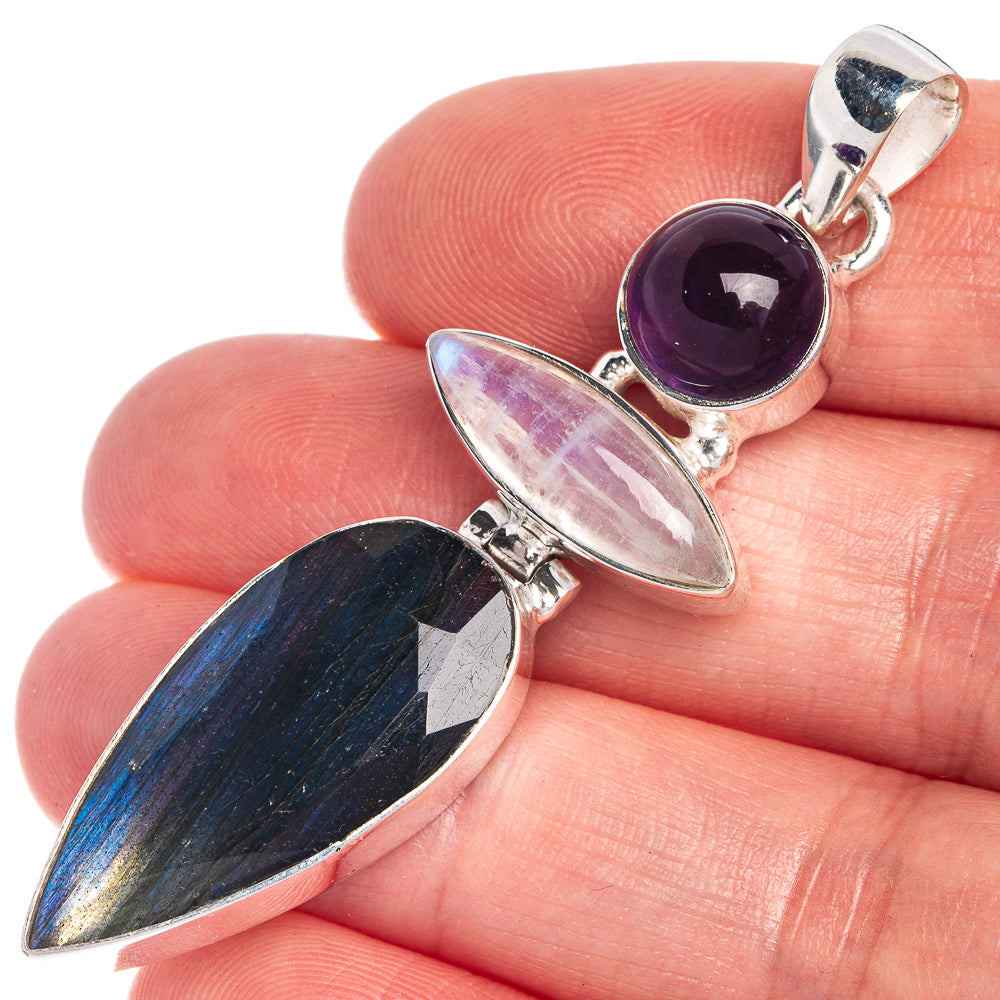 Sterling silver pendant with labradorite teardrop, rainbow moonstone oval, amethyst round