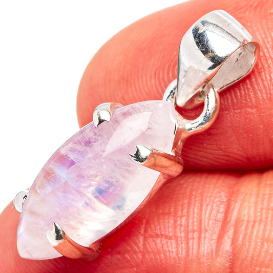 Sterling silver moonstone pendant detail, oval cabochon with pink-blue iridescence