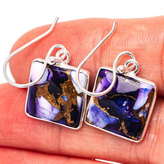 Sterling silver drop earrings with purple-blue resin square dangles and gold flecks