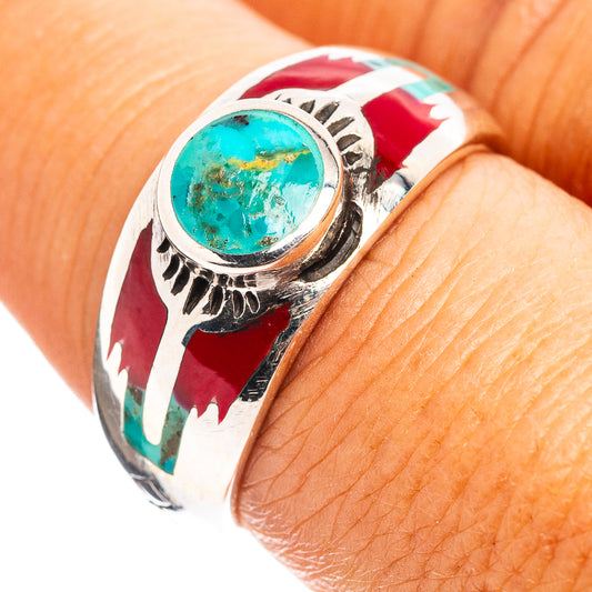 Turquoise cabochon sterling silver ring with red-and-white inlay and decorative shoulders