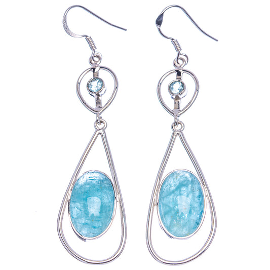 Sterling silver dangle earrings with teardrop loops and oval aquamarine-blue gemstones