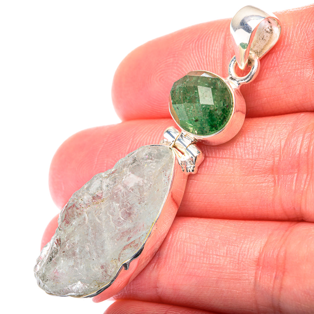 Raw Aquamarine, Green Aventurine Pendant 2 1/8" (925 Sterling Silver) PD38554
