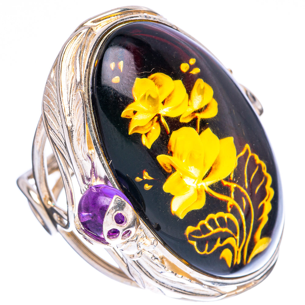 Amber Intaglio Rose Ladybug Ring Size 7 Adjustable (925 Sterling Silver) R3826