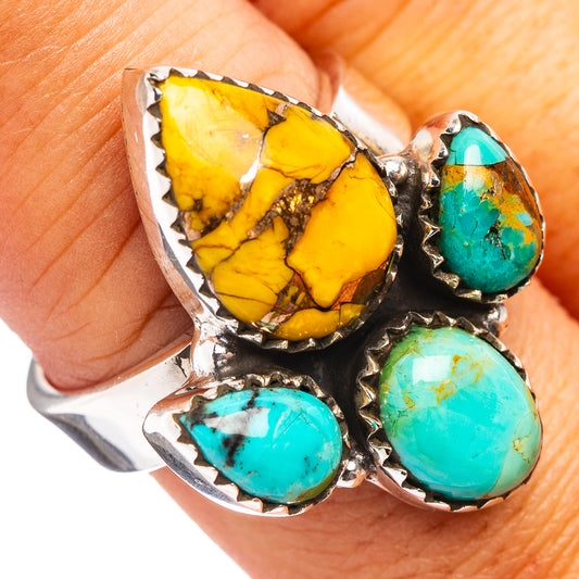 Sterling silver adjustable ring with oval turquoise and yellow gemstone cluster