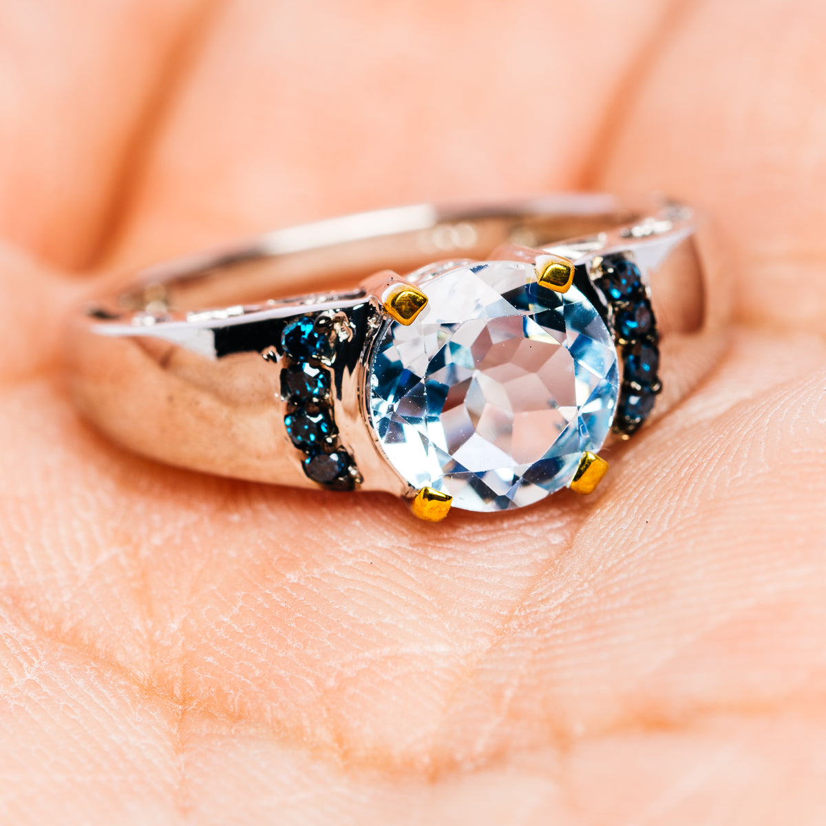 Blue Topaz, Blue Diamond Ring Size 6.75 (.925 Sterling Silver)
