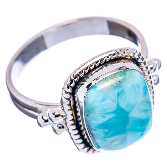 Sterling silver oval larimar ring, braided border and open cuff band, size 8