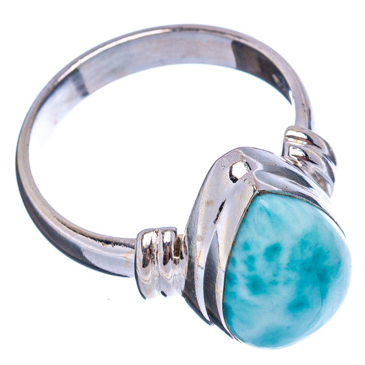 Sterling silver ring with turquoise-blue larimar cabochon, curved split shank, size 5.75
