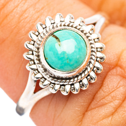 Sterling silver turquoise oval ring with scalloped halo setting, size 6.25