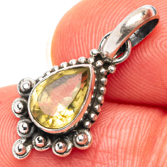 Teardrop lemon quartz pendant with sterling silver ornate beaded frame