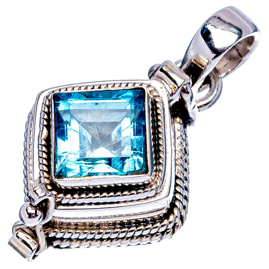 Blue topaz square poison pendant in sterling silver with loop bail and detailed border