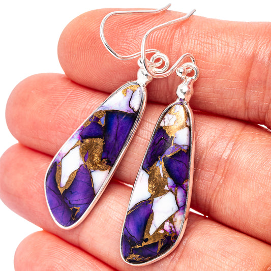 Sterling silver drop earrings with purple, blue, and gold mosaic stone teardrops