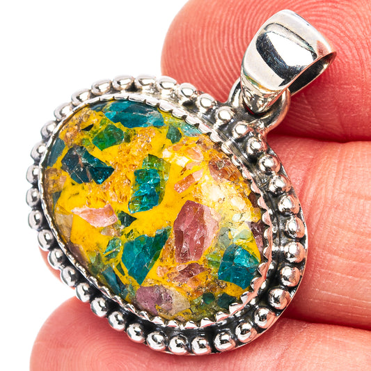 Oval sterling silver tourmaline matrix pendant with colorful mosaic stone and bail