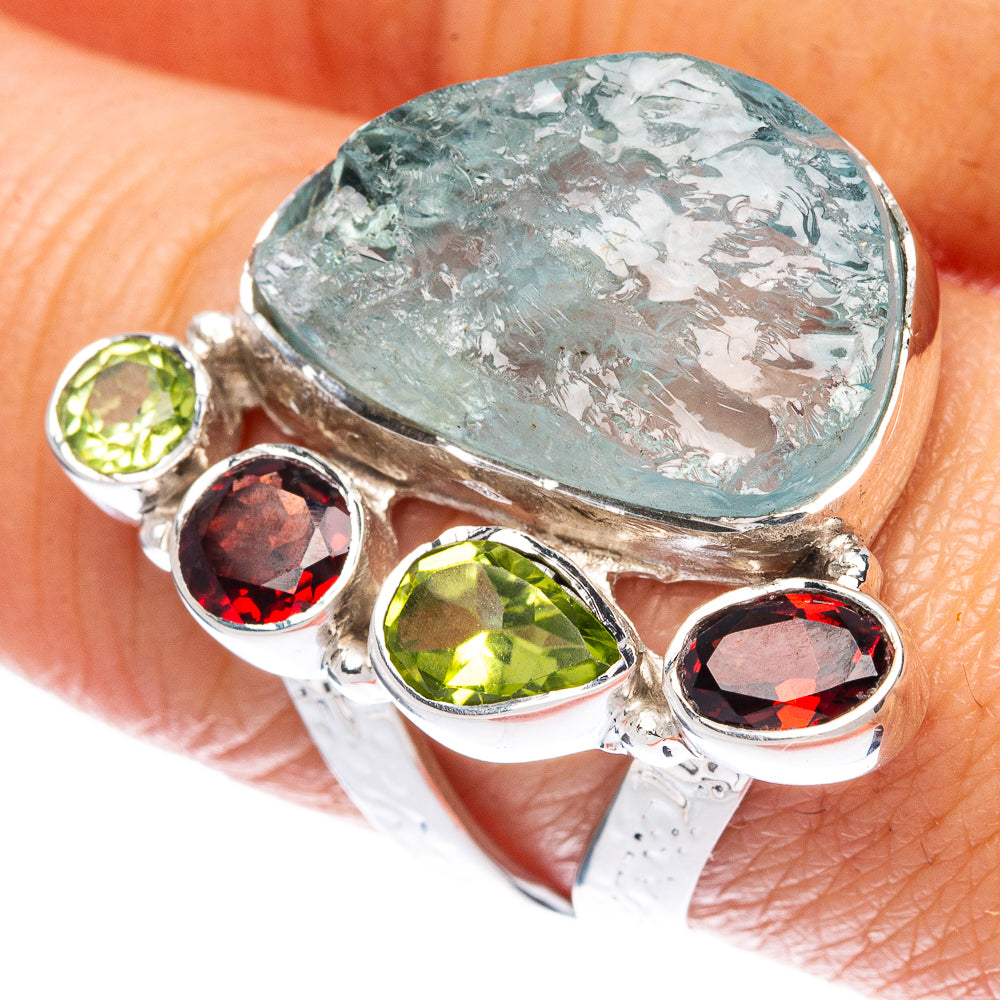 Premium Rough Aquamarine, Garnet, Peridot Ring Size 8.75 (925 Sterling Silver) R2592