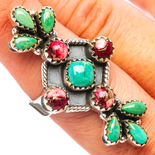 Adjustable .925 sterling silver ring with green turquoise and red gemstone cluster