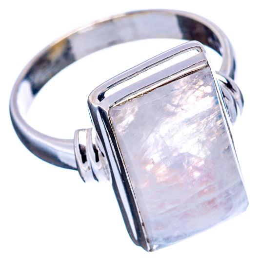 925 sterling silver moonstone ring, size 9, side view of rectangular iridescent bezel