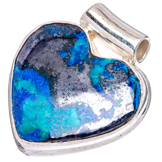 Heart pendant showing full heart-shaped blue and black stone in .925 sterling silver bezel