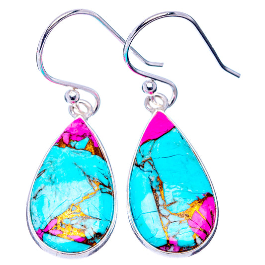 Turquoise and pink teardrop stone earrings with sterling silver French hooks