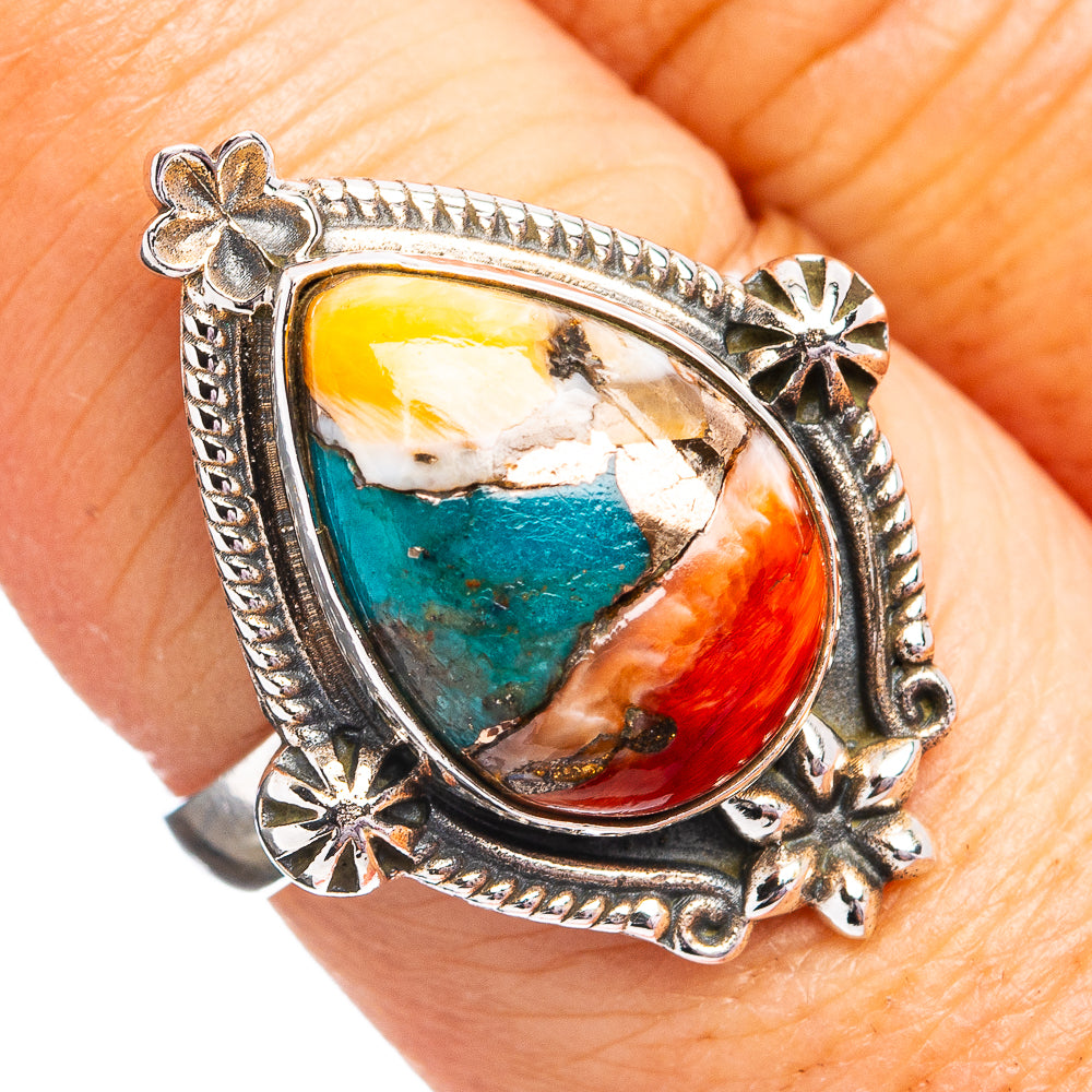 Southwestern Style Spiny Oyster Turquoise Ring Size 8 (.925 Sterling Silver)