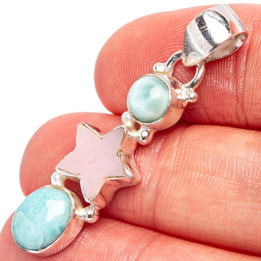 925 sterling silver pendant with pink opal star and blue-green larimar drops