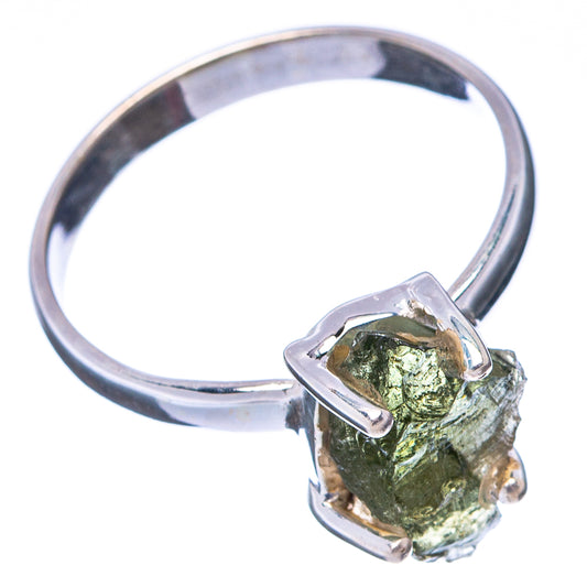 Sterling silver moldavite ring with green rough crystal bezel and prongs