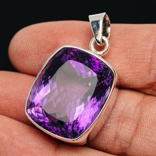 Premium 50ct Faceted Brazilian Amethyst Pendant 1 3/8" (.925 Sterling Silver)