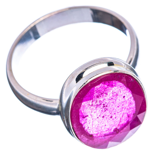 Sterling silver ring with round magenta ruby glass bezel, side view