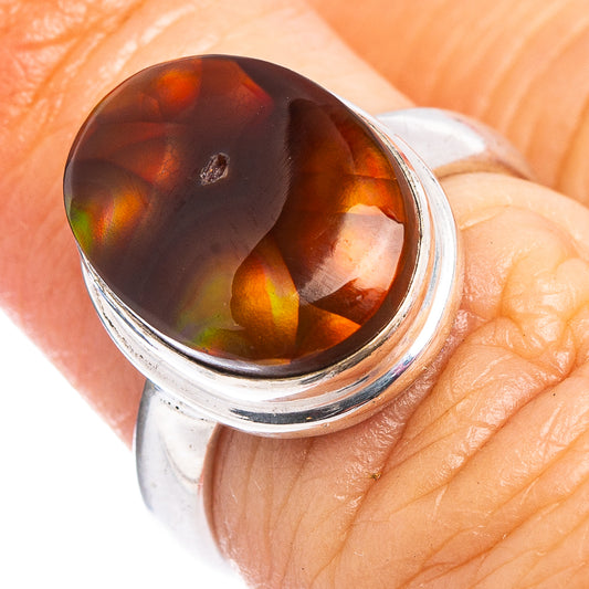 Sterling silver ring with round fire agate cabochon, fiery orange and green flashes