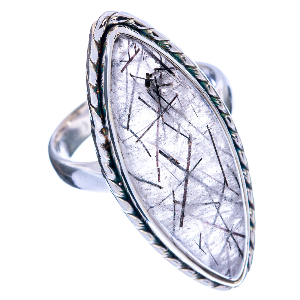 925 sterling silver ring with marquise smoky quartz, black tourmaline-like needle pattern