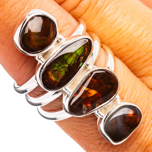 Sterling silver multi-stone ring with dark fire agate ovals and green iridescence