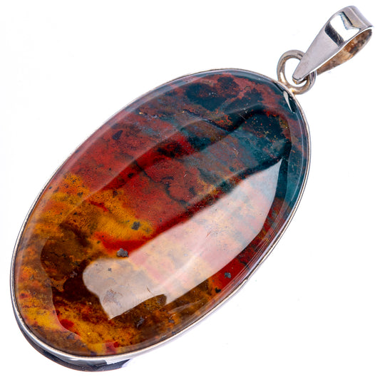 Sterling silver bloodstone oval pendant, polished stone with red and green bands