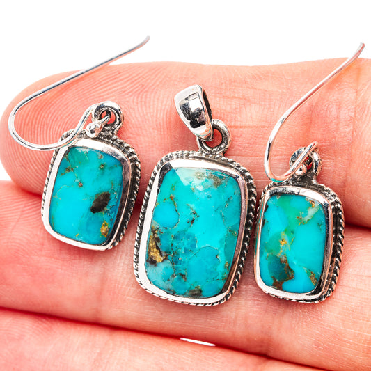 Turquoise pendant and earrings set with square stone cabochons in silver rope bezels