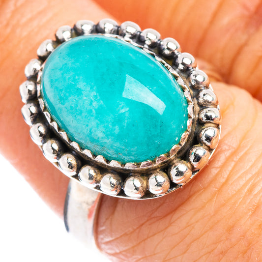 Turquoise oval stone sterling silver ring with beaded border, size 7.5