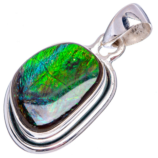 Oval ammolite pendant in .925 sterling silver with bright green-blue iridescent center