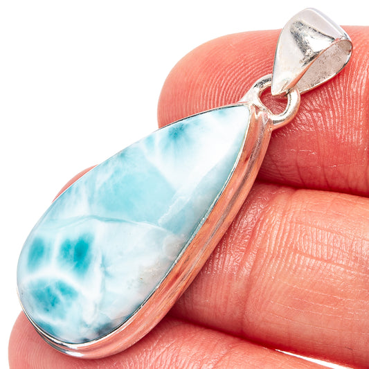 Sterling silver teardrop larimar pendant with split bezel and bail, light blue marbled stone