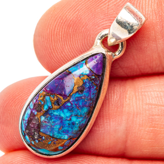Teardrop turquoise pendant with purple and blue stone set in sterling silver bezel