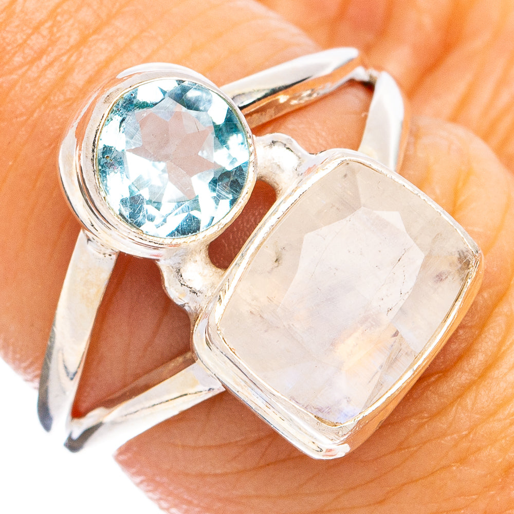 Rainbow Moonstone, Blue Topaz Ring Size 7 (925 Sterling Silver) R8240