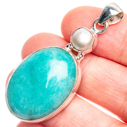 Sterling silver pendant with oval turquoise Peruvian amazonite and cultured pearl bail