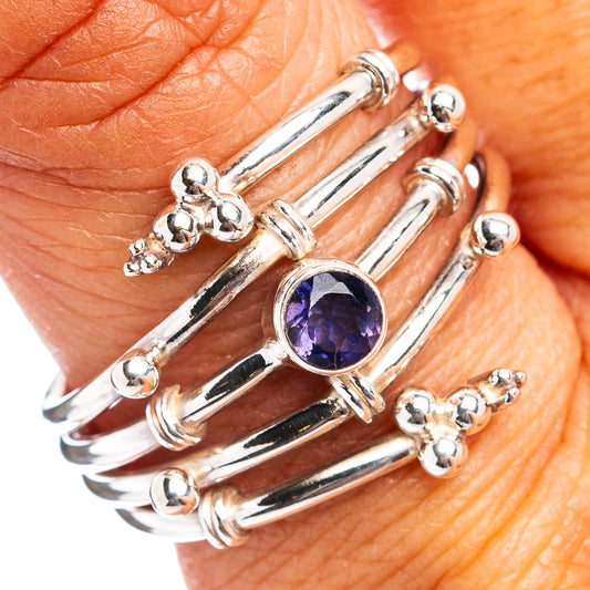 925 sterling silver ring with round purple center stone and small accent studs