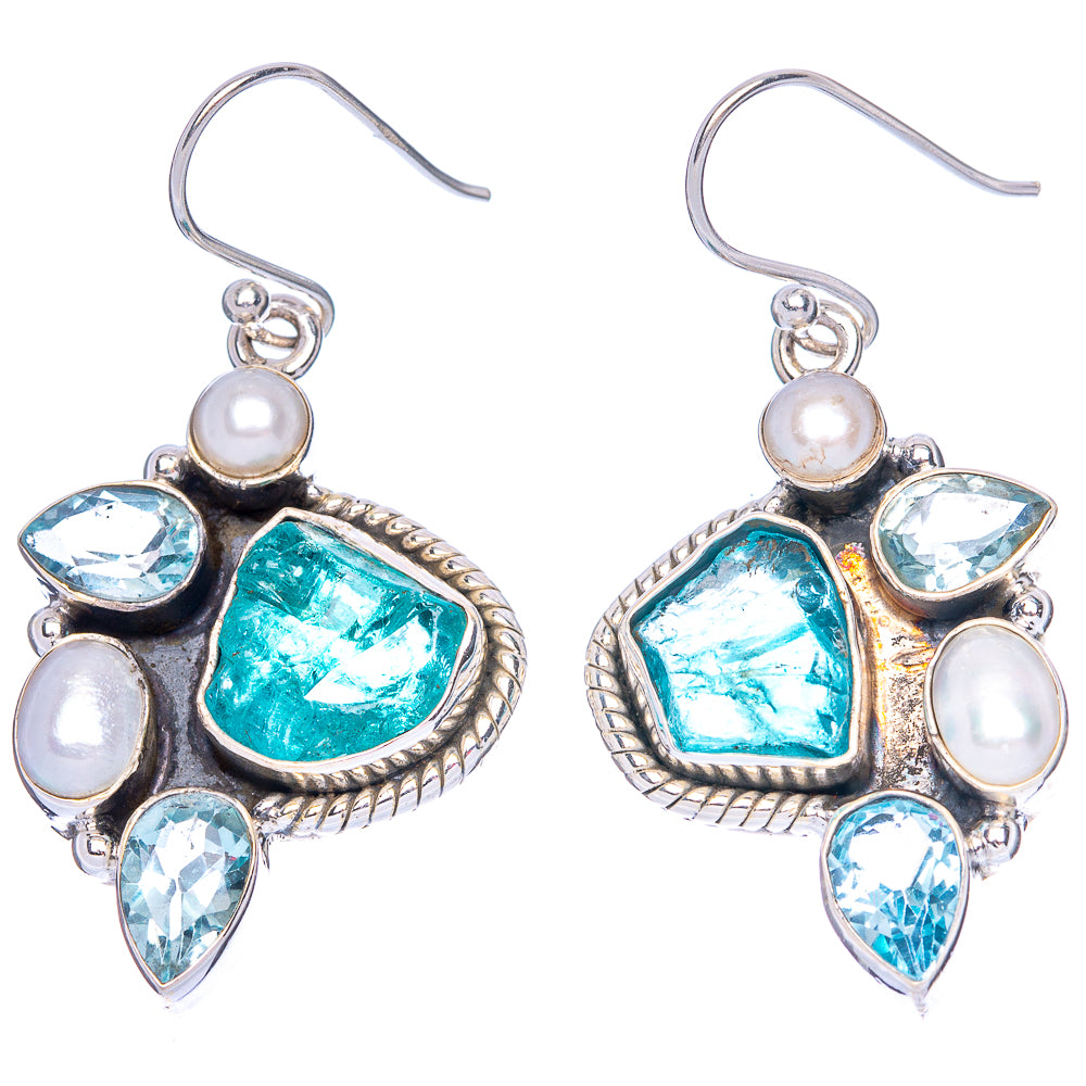 Premium Rough Apatite, Blue Topaz, Cultured Pearl Earrings 1 5/8" (925 Sterling Silver) E1239