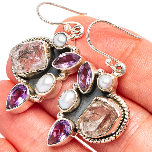 Herkimer Diamond, Amethyst, Cultured Pearl Premium Earrings 1 5/8" (925 Sterling Silver) E2357