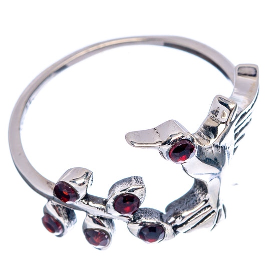 Sterling silver hummingbird ring with red garnet stones, open band, size 8