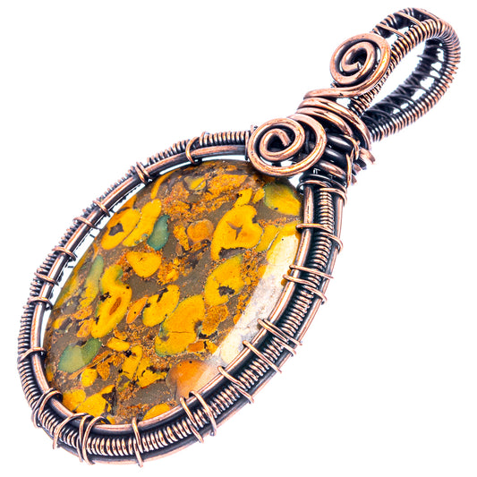 Bamboo jasper wire wrap pendant with oval yellow-green jasper in oxidized copper wrap