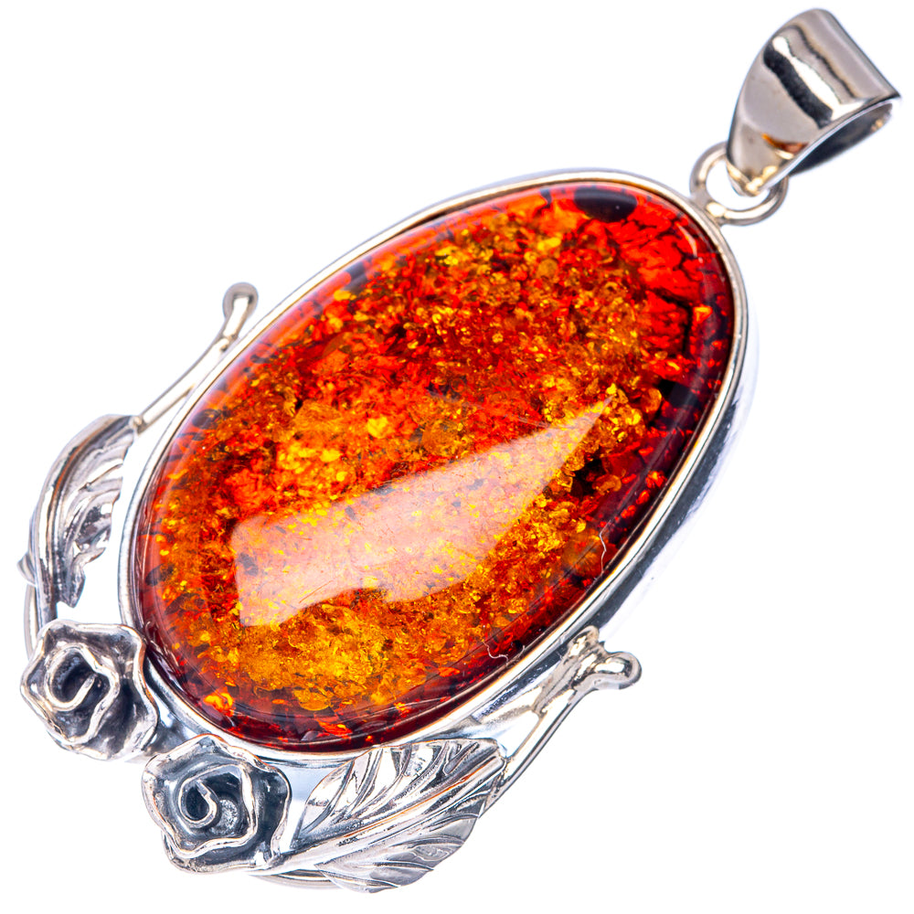 Sterling silver pendant with oval Baltic amber cabochon in red-orange honey tones and silver bail