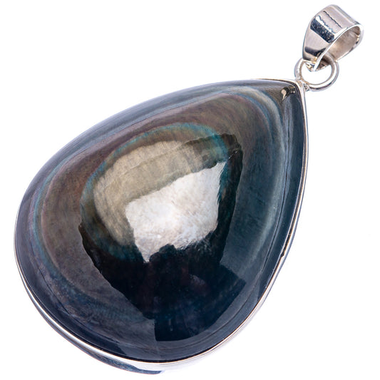 Iridescent rainbow obsidian teardrop pendant, .925 sterling silver bail