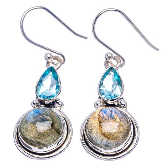 Silver-tone labradorite drop earrings with blue teardrop stones and round labradorite cabochons