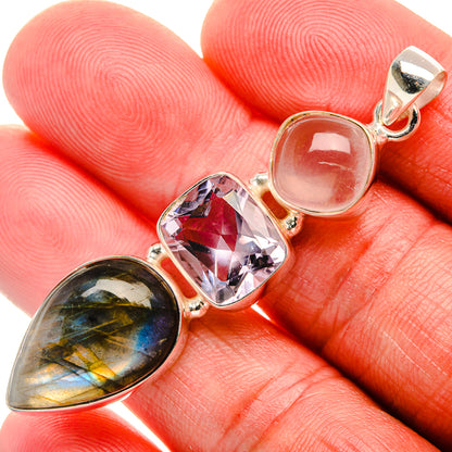 Sterling silver gemstone pendant with labradorite teardrop, amethyst and pink rose quartz
