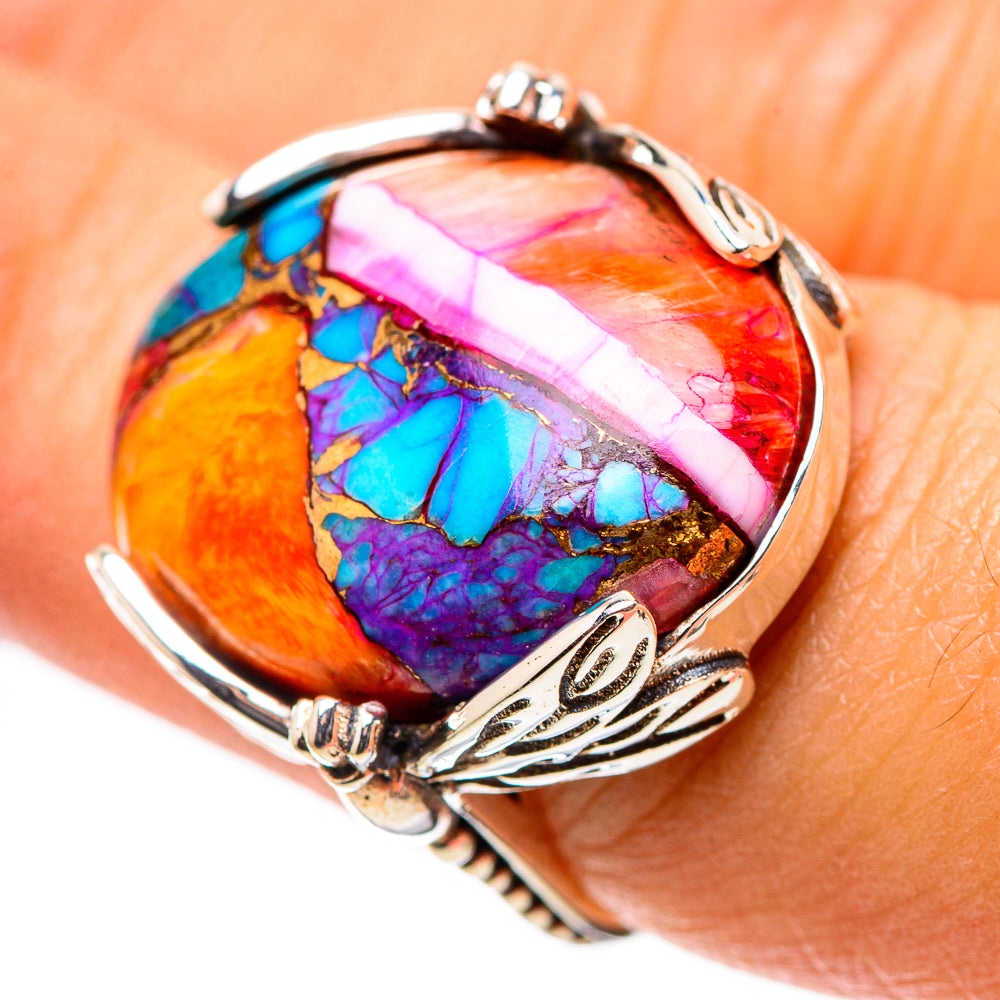 Sterling silver ring with oval multicolor inlay stone, turquoise and pink highlights