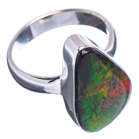 Sterling silver Canadian ammolite ring with teardrop iridescent green-red bezel