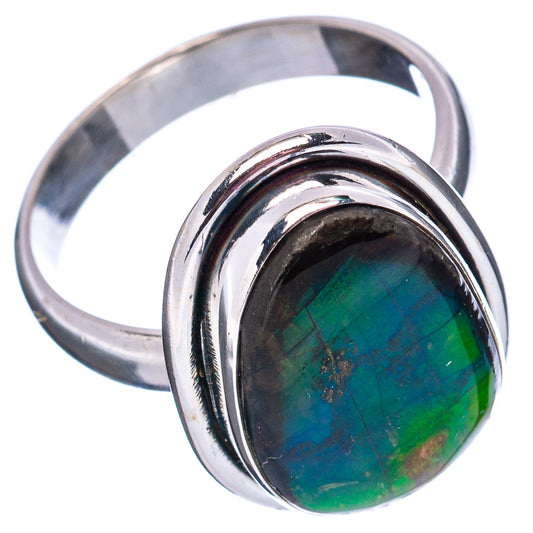 Sterling silver ring with oval green-blue ammolite gemstone bezel set